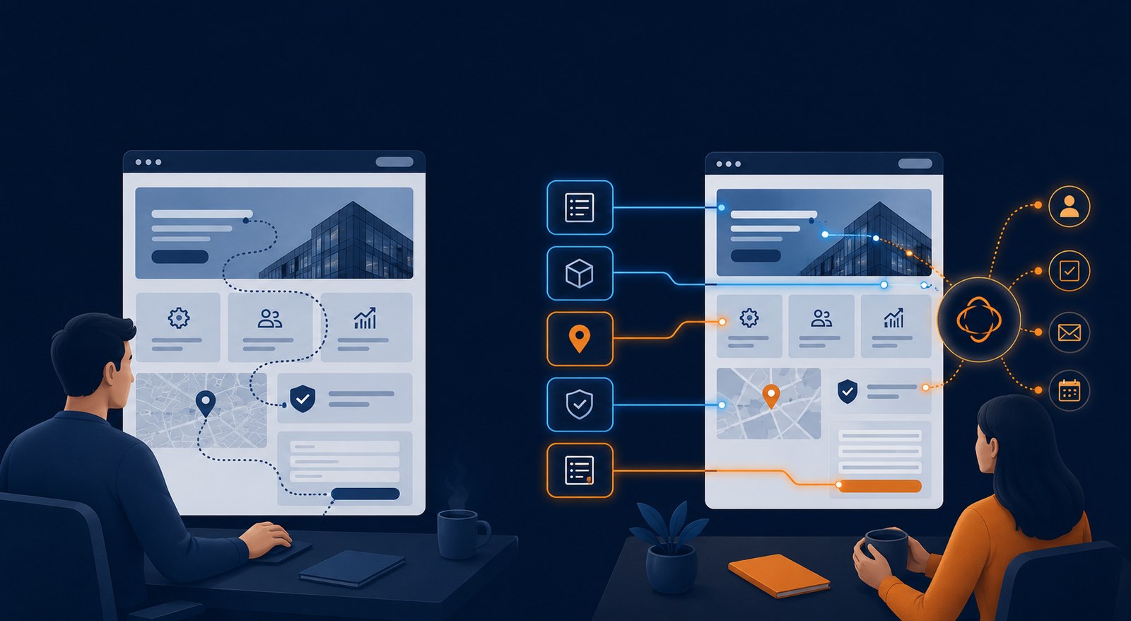 Comparison between manual website browsing and AI-agent interpretation of structured website information.